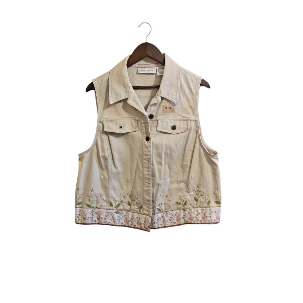 VTG Susan Bristol Women Pink Embroidered Floral Denim Jean‎ Vest LG 90s Boho